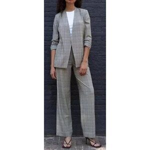 New Aritzia Babaton Gray Plaid Power Open Blazer + Pants 2 PC Suit Set